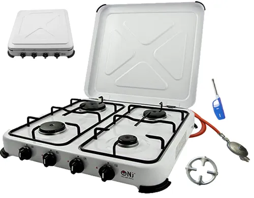NJ The right choice Gaskocher NJ-04 - 4-flammiger Propan Campingkocher mit 5,5 kW Leistung, ideal für Outdoor-Aktivitäten, inklusive Deckel und Gasherdkreuz für vielseitige Kochmöglichkeiten.