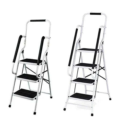 Stehleiter 3 Stufen Klappbare Trittleiter, aus Legierter Stahl, mit Handlauf und Rutschfesten Gummifüßen, Haushaltsleiter Einfach zu Verstauen und zu Tragen für Zuhause/Garage, bis 150 kg Belastbar