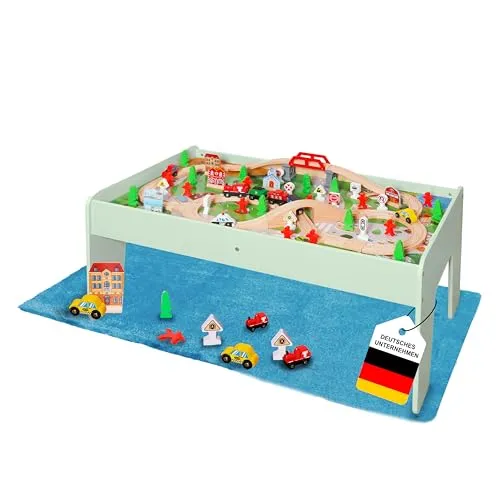 Coemo Spieltisch Grün inkl. Set 90-TLG. Holzeisenbahn - Züge & Schienenfahrzeugspielsets für Kinder, mit wendbarer Tischplatte für kreatives Spielen und Motorikförderung, ideal für Kleinkinder ab 3 Jahren.