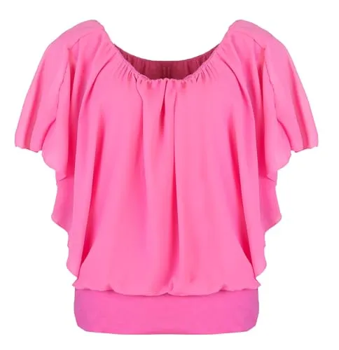 simaranda Damen Bluse Chiffon luftige Sommer Tunika mit Carmen Ausschnitt Blusenshirt Elegant 661 36-40 Pink