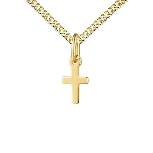 JEVELION Kreuzkette Taufkreuz 585 Gold Kreuzanhänger Goldkreuz für Damen und Kinder Kettenanhänger 14 Karat Gelbgold. Mit Kette 925 Silber vergoldet - Kettenlänge 45 cm.