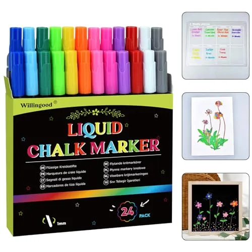 PCS Flüssige Kreidestifte, Mehrfarbig Abwaschbar Kreidemarker Fensterstifte Tafelstifte Whiteboard Marker für Kreidetafel, Whiteboard, Fenster, Glas, Feine Spitze 12 Farben, Ideale Geschenke 24