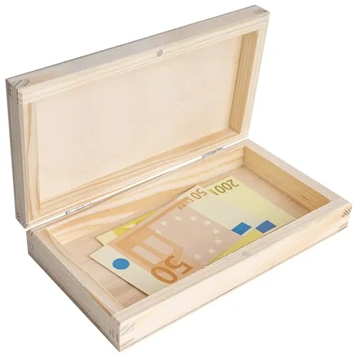 Creative Deco Stiftebox Spardose Holzbox Holzkiste mit Deckel 18x10x3,5 cm | Aufbewahrungsbox, Kiefernholz unbehandelt | Perfekt als Schmuckkästchen Geldbox Geschenkbox Geldumschlag