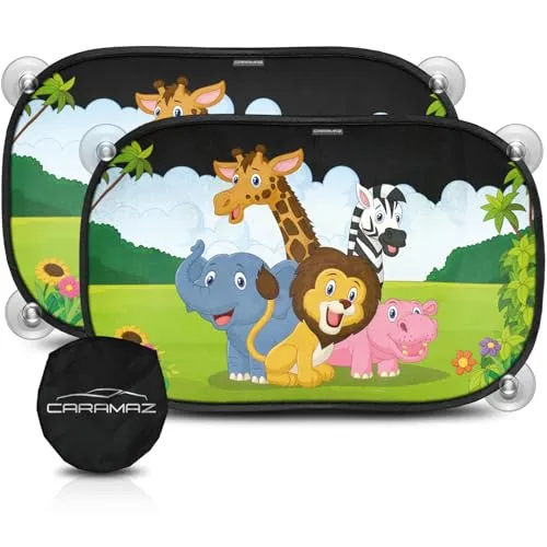 CARAMAZ Sonnenschutz Auto Baby mit zertifiziertem UV Schutz, universell passend 48 x 30 cm, 2 Stück Sonnenblende, mit Saugnäpfen, Motiv: Safari