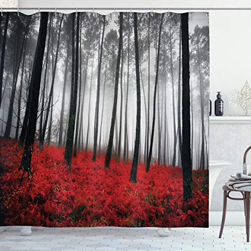 ABAKUHAUS Wald Duschvorhang, Mystical Foggy Woodland, Stoffliches Gewebe Badezimmerdekorationsset mit Haken, 175 x 200 cm, Schwarz Rot Hellgrau
