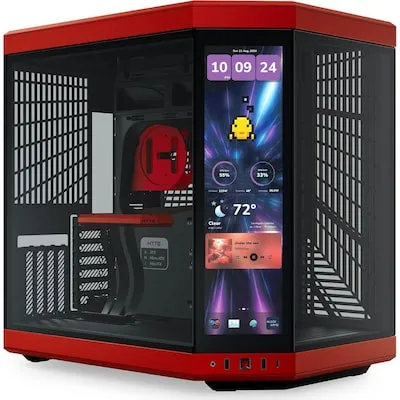 HYTE Y70 Touch Infinite Black Cherry Gaming Gehäuse - ATX Midi Tower mit 14,5-Zoll-Touchscreen und Seitenfenster, ideal für kreative Gamer, die Stil und Funktionalität schätzen.