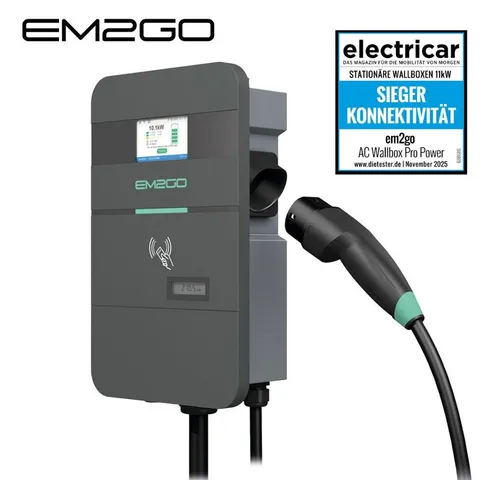 EM2GO Wallbox Pro Power 2G 11kW - Elektroauto-Ladestation für Zuhause - Schnelle 11 kW Ladestation mit 4,3-Zoll-LCD-Bildschirm und RFID. Ideal für E-Fahrzeuge, sicher und effizient dank integrierter Kommunikationsschnittstellen und MID-Zähler.