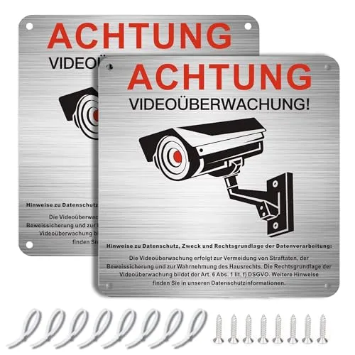 Stück Videoüberwachung Schild mit DSGVO Hinweis, 15x15cm Aluminium Schilder Kameraüberwachung, Achtung Videoüberwachung für Privatgrundstück mit Selbstklebend und 4 Bohrlöcher 2