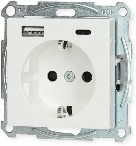 Merten Steckdose System M MEG2367-0319 - Unterputz, 1-fach, polarweiß glänzend, mit USB-A (2,4 A) und USB-C (3 A), ideal für schnelles Laden und hohen Berührungsschutz