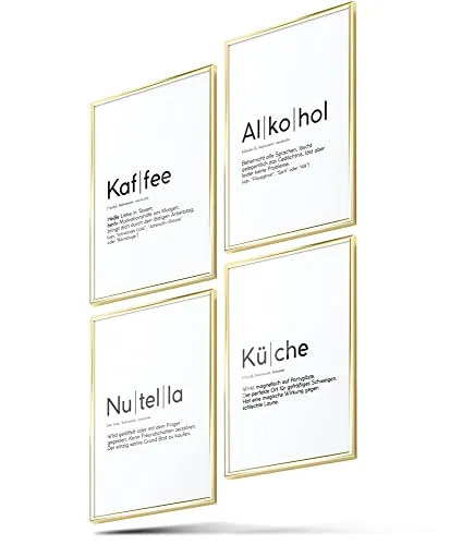 Produktbild BLCKART Definition Küchen Bilder Poster Set Stilvolle Wandbilder mit Definitionen Esszimmer Wanddeko (Kaffee Küche Alkohol & Nutella, A4 (ohne Rahmen))
