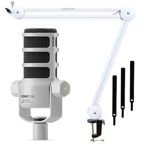 RØDE Mikrofon Podmic USB Weiss mit Gelenkarm Set - Dynamisches Sprechermikrofon für Podcasts, Streaming und Gaming. Integrierte Effekte für optimierten Studio-Sound direkt aus dem Mikrofon. Flexibler Gelenkarm für einfache Positionierung.