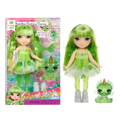 Rainbow High Littles Rainbow Fantasy Fairies & Pet - Emerald, Grün - 14 cm Kleine, Bewegliche Puppe & Fantasie-Drache mit Austauschbaren Feenflügeln, Süßes Geschenk für Kinder ab 4