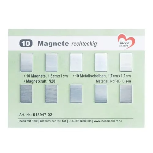 Produktbild Ideen mit Herz | Mini Magnete Rechteckig | 10 Stück | Kleine Flache Magnete zum Basteln | 1,5 cm x 1 cm | 10 Metallscheiben Gegenstücke 1,7 cm x 1,2 cm