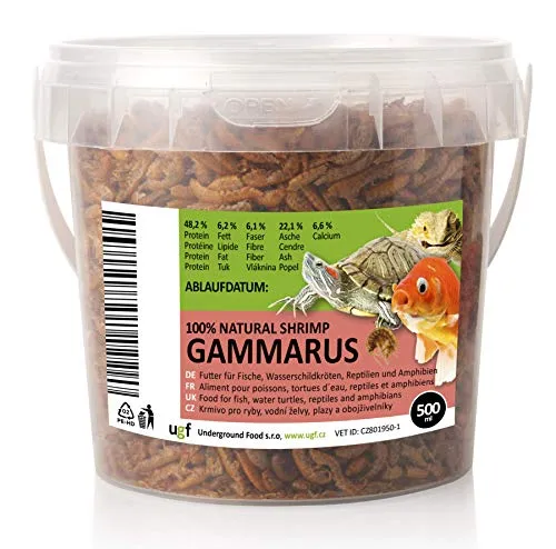 UGF - Premium Gammarus Bachflohkrebse Getrocknet - 50g im 500 Milliliter Eimer, Schildkrötenfutter, Fischfutter Aquarium, Axolotl Futter, Hamsterfutter, Igelfutter, Koi Futter, Rattenfutter