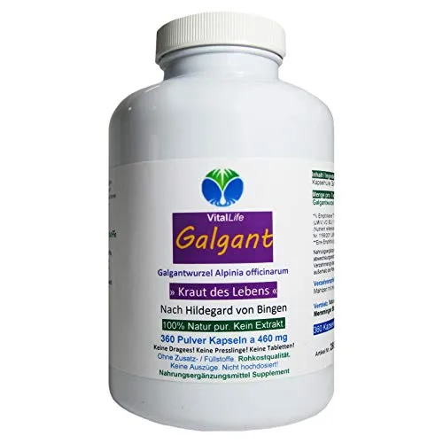 Galgant Galgantwurzel Siam Ingwer - Bitterstoffe & Scharfstoffe - 360 Pulver Kapseln - nach Hildegard von Bingen Kraut des Lebens für Magen + Verdauung - NATUR PUR ohne ZUSATZSTOFFE. 26875-360