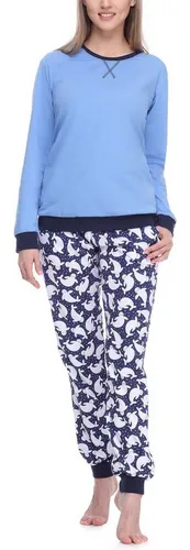 Merry Style Damen Lang Zweiteiliger Schlafanzug aus Baumwolle - Schlafanzüge für Damen; Bequemer Pyjama aus weicher, atmungsaktiver Baumwolle mit Taschen und dekorativen Aufnähern; Ideal für gemütliche Herbst- und Winterabende.