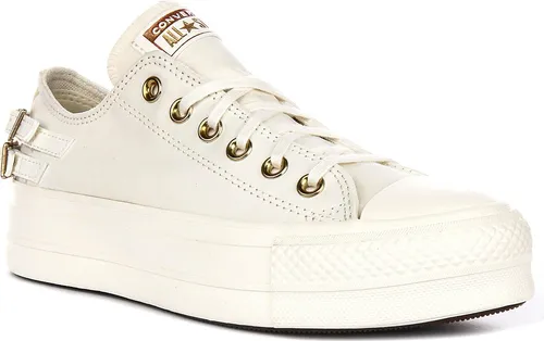 Converse Chuck Taylor All Star Lift Low A11866C in Weiß mit goldfarbenen Ösen – 3 UK