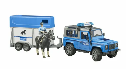 Bruder 02588 Jeep Land Rover Defender Polizei mit Pferdeanhänger - Bauernhof Spielzeug mit realistischen Details, fördert kreatives Spiel für Kinder ab 3 Jahren.