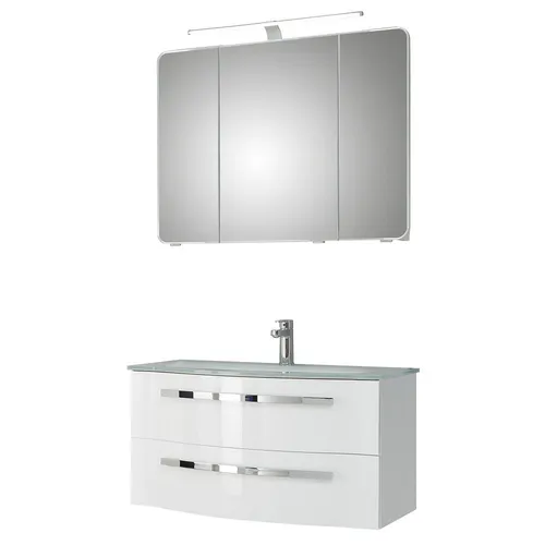 Moderne Badezimmergarnitur mit Glasbecken und LED-Spiegelschrank 90cm