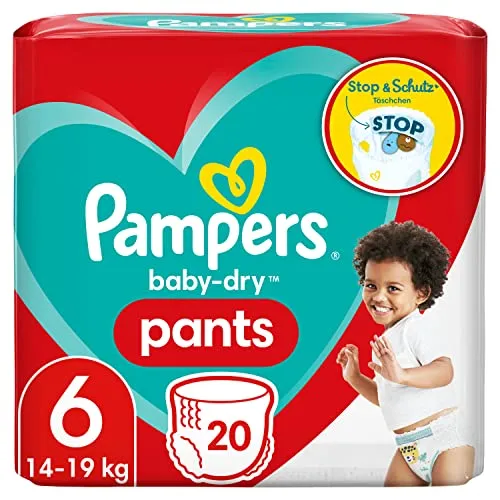 Pampers Baby-Dry Pants Größe 6, 20 Stück - Hochwertige Windeln für Babys von 14-19kg, mit 12 Stunden Auslaufschutz und 360° Fit für optimalen Komfort. Einfaches An- und Ausziehen dank praktischer Designs.