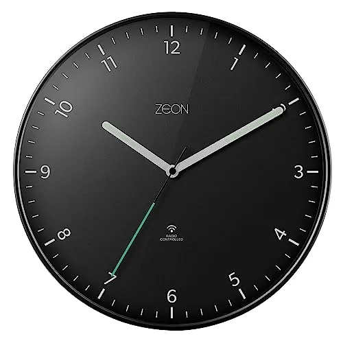 ZEON runde funkgesteuerte analoge Wanduhr für mitteleuropäische Zeitzone (DCF/GMT+1), leicht ablesbare Schwarze Wanduhr für Wohnzimmer, Küche, Schlafzimmer und Büro, 30 cm Durchmesser, CE4553-DCF