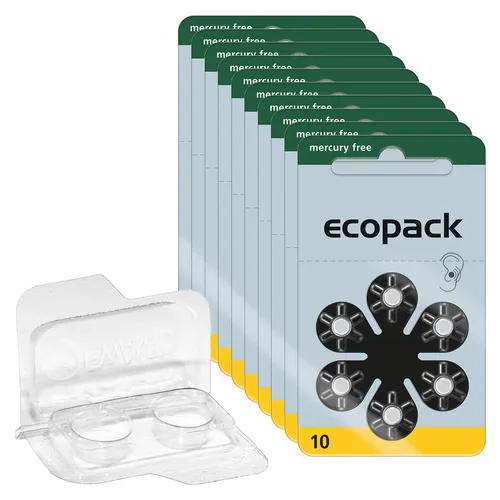 Varta Ecopack Hörgerätebatterien PR70 gelb 10  + Transportbox für 2 Zellen 60