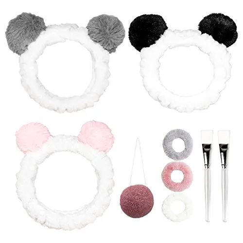 Haarband 3 Stück Stirnband Kosmetik Haarbänder Stirnbänder mit Ohr für Frauen und Mädchen, Plüsch Stirnband Elastische Haarband Haarschmuck für Gesicht Waschen, Make-up, Dusche oder Spa Maske (Panda)