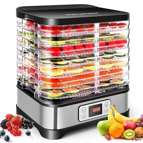 Nictemaw 400W Dörrautomat, Dörrgerät für Lebensmittel mit 8 Dörrebenen,Trockner für Fleisch, Obst& Gemüse, einstellbare Temperatur 35-70 ℃, Silber Schwarz