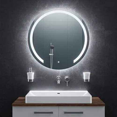 Bringer LED Badspiegel Rund 80cm - Dimmbar mit Anti-Beschlag Funktion - Badezimmer Wandspiegel mit modernem Design, dimmbaren Licht und Anti-Beschlag Funktion für klare Sicht nach jedem Bad. Ideal für Ihr Badezimmer!