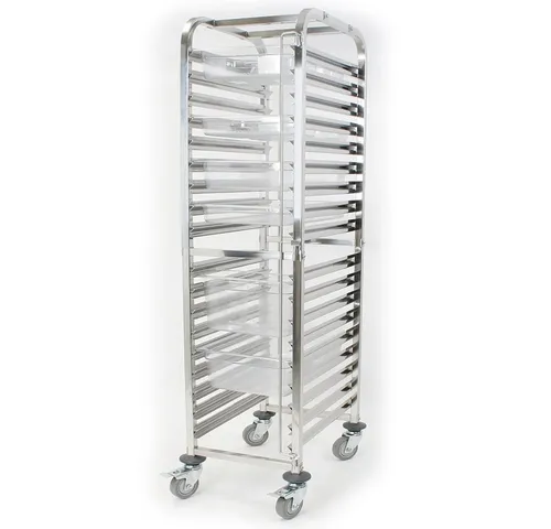 Edelstahl-Transportwagen für GN-Behälter, Platz für 18 Stück - Hochwertiger GN-Transportwagen aus Edelstahl für 18 GN-Behälter 1/1, ideal für Gastronomie und Catering, ausgestattet mit 4 Gummilenkrollen für einfache Mobilität.