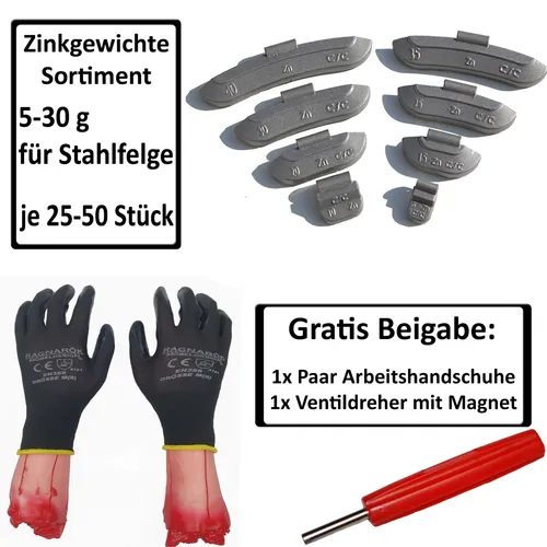 Walthart 5-30g Schlaggewichte 50x Sortiment - 225 Zink-Auswuchtgewichte in Grau, ideal für Stahlfelgen. Inklusive Reifendiensthandschuhe und Ventildreher. Hohe Qualität für zuverlässige Nutzung im Reifenservice.