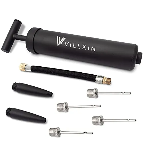 Villkin Ballpumpe mit Nadelfach – Inkl 4X Metallnadeln, 2X Kunststoffnadeln, 1x Flexibler Schlauch – Fußball, Basketball, Handball schnell aufpumpen