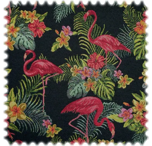 Heiro Stoff Jacquard Flamingo, Möbelstoff Meterware - Breite: 140 cm - Trendiger Jacquard Möbelstoff mit kräftigen Flamingo-Motiven auf türkis/schwarz meliertem Hintergrund. Robust und vielseitig einsetzbar für Polstermöbel, Kissen und Dekoartikel. Breite: 140 cm, geprüft nach STANDARD 100 by OEKO-TEX®.