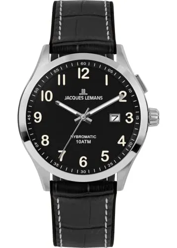 JACQUES LEMANS Herrenuhr, Hybromatic Uhren Männer, Chronograph aus massivem Edelstahl mit Silikon-Leder Armband, Herrenuhr großes Ziffernblatt