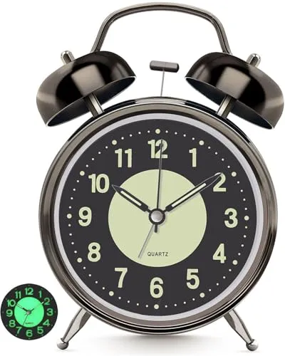 Lesipee Wecker Analog Ohne Ticken, Retro Doppelglockenwecker mit Naghlight und Grün Fluoreszierend Großes Zifferblatt, Lauter Wecker für Tiefschläfer im Schlafzimmer, 4 Zoll, Batteriebetrieben