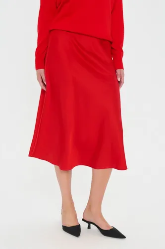 Rock LodisaSZ Gerade Passform in Rot - Der elegante Satin-Midirock für Damen bietet eine lockere Passform und einen elastischen Bund. Ideal für vielseitige Outfits, ob im Alltag oder zu besonderen Anlässen.