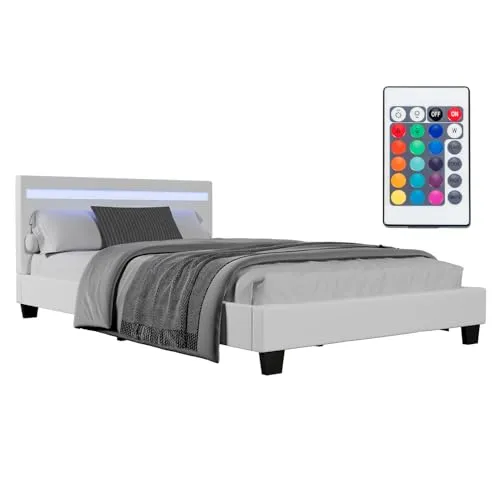 Juskys Polsterbett Verona, 120x200 cm - Modernes Polsterbett mit robustem Kunstlederbezug, hohem Kopfteil und LED-Beleuchtung in 16 Farben – ideal für ein stilvolles Schlafzimmer.