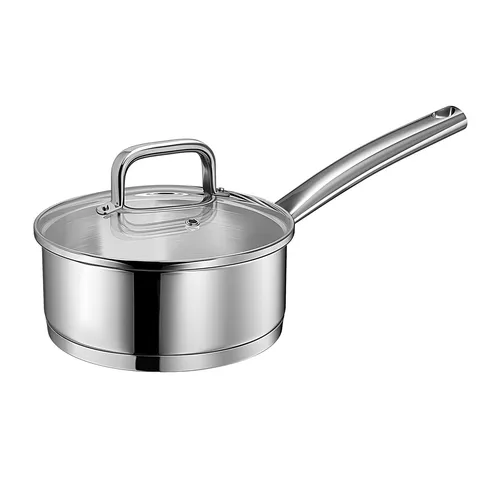 Linnuo Stielkasserolle 16cm mit Glasdeckel - Kochtopf klein aus 18/10 Edelstahl, ideal für Induktion und sicheres Kochen dank hitzefester Griffe und Sichtdeckel.