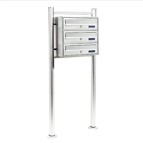 Wiltec 3er Briefkastenanlage Edelstahl 556 x 270 x 1200 mm, Standbriefkasten mit 3 Fächern, Schlüssel und Namensschild, Briefkasten Postkasten mit Ständer