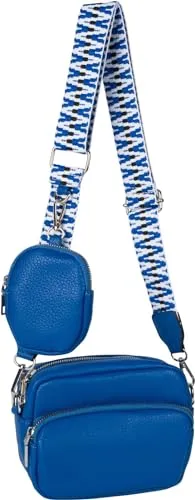 styleBREAKER Damen Umhängetaschen Set 2-Teilig: Royalblaue Crossbody Bag mit gemustertem Schultergurt - Modisches 2-teiliges Set aus rechteckiger Crossbody Tasche und ovaler Börse, ideal für vielseitige Trageoptionen und stylisches Design.