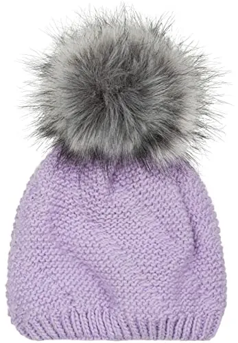 styleBREAKER Unisex Bommelmütze Flieder - Warme einfarbige Strickmütze mit Fleece-Futter und Kunstfell-Bommel, ideal für kalte Temperaturen. Bequem und dehnbar, passt sich perfekt an Kopfgrößen bis 60 cm an.