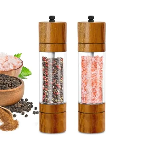Salz und Pfeffermühle Holz Set, Pfeffer und Salzmühle mit verstellbarem Keramikmahlwerk, Manuell Gewürzmühle aus Akazienholz, Acryl, Transparent