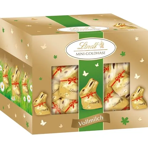 Lindt Mini Goldhase 20x10g Vollmilchschokolade Packung 200g - Die Lindt Mini Goldhasen sind perfekte kleine Leckereien aus zartschmelzender Vollmilchschokolade. Ideal zum Verschenken oder Dekorieren, bringen sie festliche Stimmung in jedes Osternest. Gesamtinhalt 200 g.