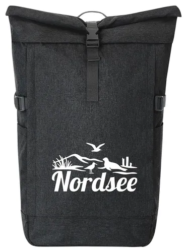 Huuraa Kurierrucksack Nordsee Strandmotiv – Fairtrade Rolltop Rucksack schwarz