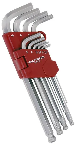 Kraftwerk 10-tlg. Kugelkopf-Innensechskant-Satz 1.5-10mm - Schraubenschlüssel-Sets mit 9 Teilen, ideal für präzises Arbeiten in engen Bereichen dank Kugelkopf-Design. Robuste Qualität von Kraftwerk, hergestellt in Taiwan.