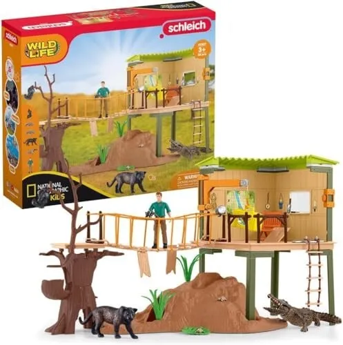Schleich Wild Life 42507 Abenteuerstation - National Geographic Kids Spielset - Action- & Spielfiguren, fördert kreatives Spielen mit Tierfiguren wie Affen und Pumas, ideal für Kinder von 3-8 Jahren.
