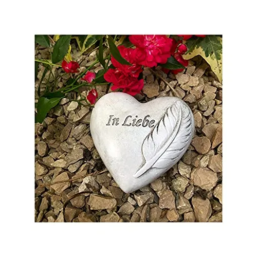 Radami Grabherz Gedenkstein - In Liebe mit Feder - Grabschmuck Grabdeko Trauerherz 9cm