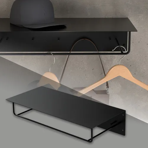 ML-DESIGN Kleiderstange Metall Wandgarderobe - Kleiderwagen mit praktischer Hakenleiste und Hutablage, ideal für platzsparende Flure, aus robustem pulverbeschichtetem Stahl in elegantem Schwarz.