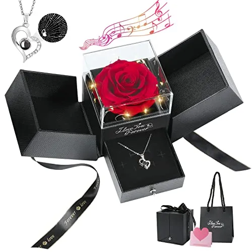 Emibele Ewige Echte Rote Rose mit S925 Sterling Silber Halskette Ich Liebe Dich in 100 Sprachen, Konservierte Rose Box mit Musik Licht, Geschenke für Frauen Mama Oma Valentinstag Muttertag Geburtstag