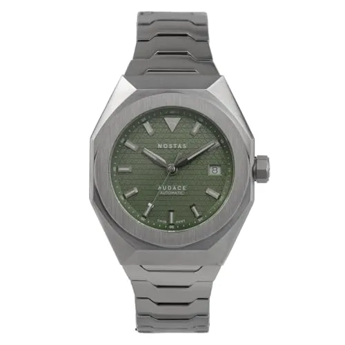 Nostas Audace Armbanduhr für Herren, aus Stahl, Schwarz und Silber, Datumsanzeige, Swiss, Armband